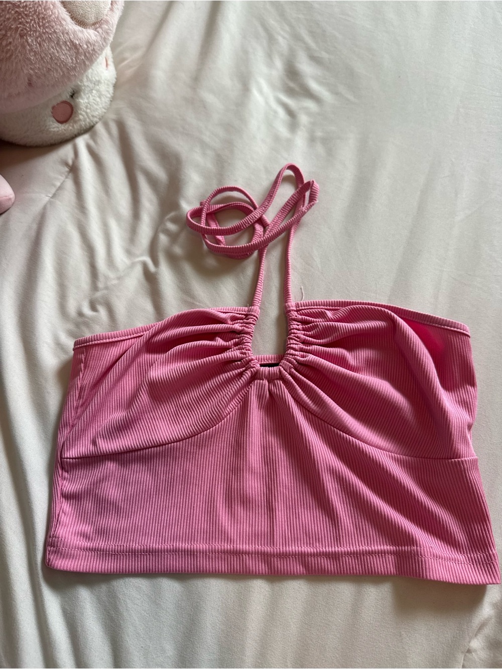 SHEIN Pink Ribbed Halter Crop Top